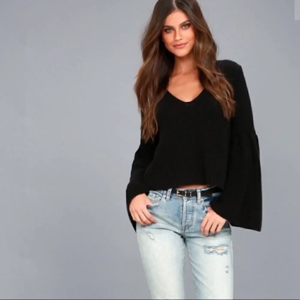 Free People Damsel Cable Knit Pullover Black Sweater Bell Sleeves Oversized XS
